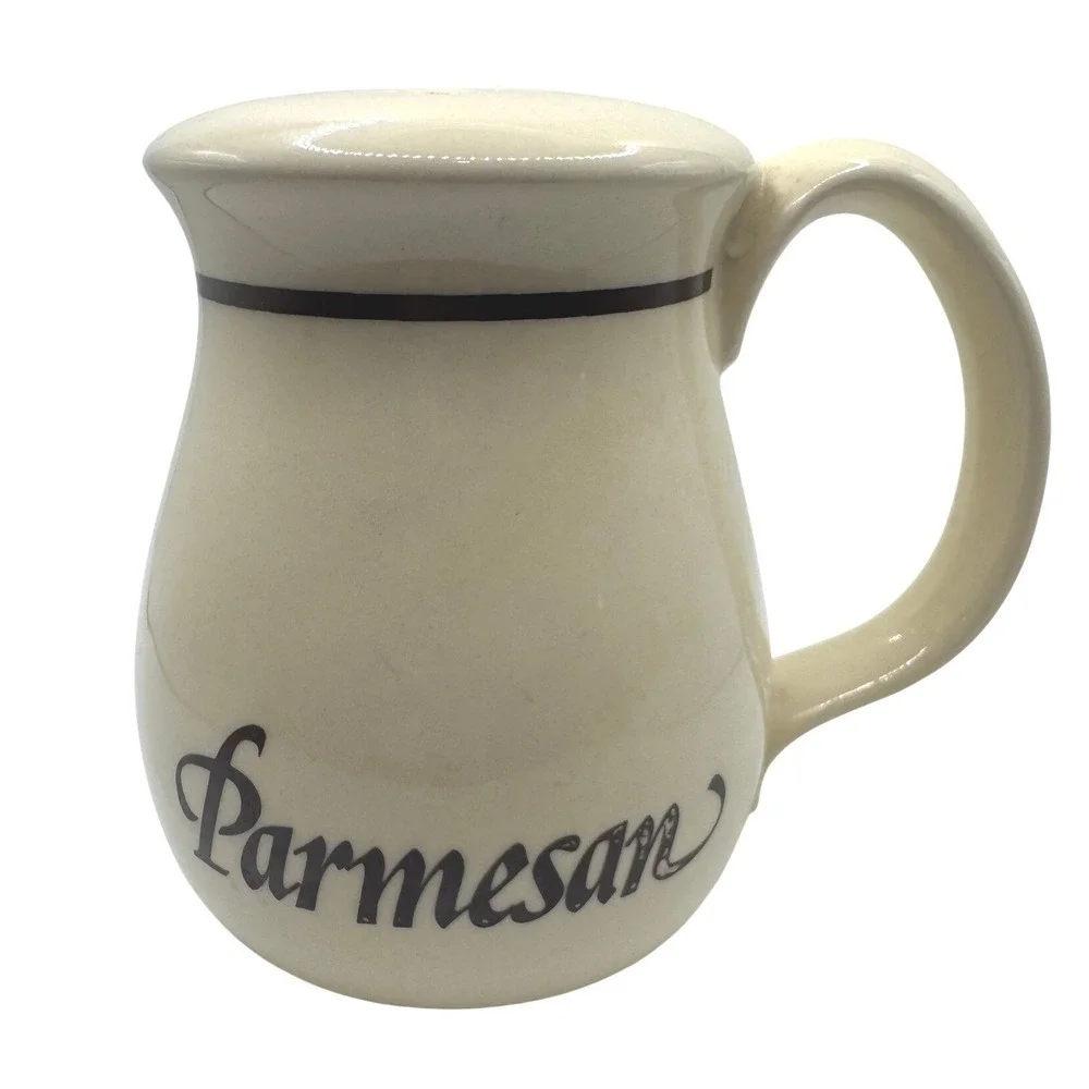 Vintage‎ Ceramic Parmesan Cheese Shaker Dispenser Cream with Brown Script Accent